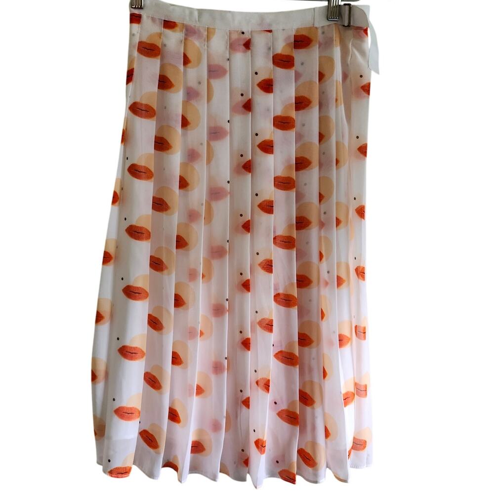 Eva Mendes Lipstick Kiss Print Pleated Chiffon Midi Skirt Size X-Small